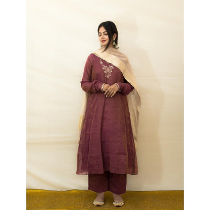 MITHI SUPARI Wine Bedina Anarkali Kurta with Pant and Dupatta (Set of 3)