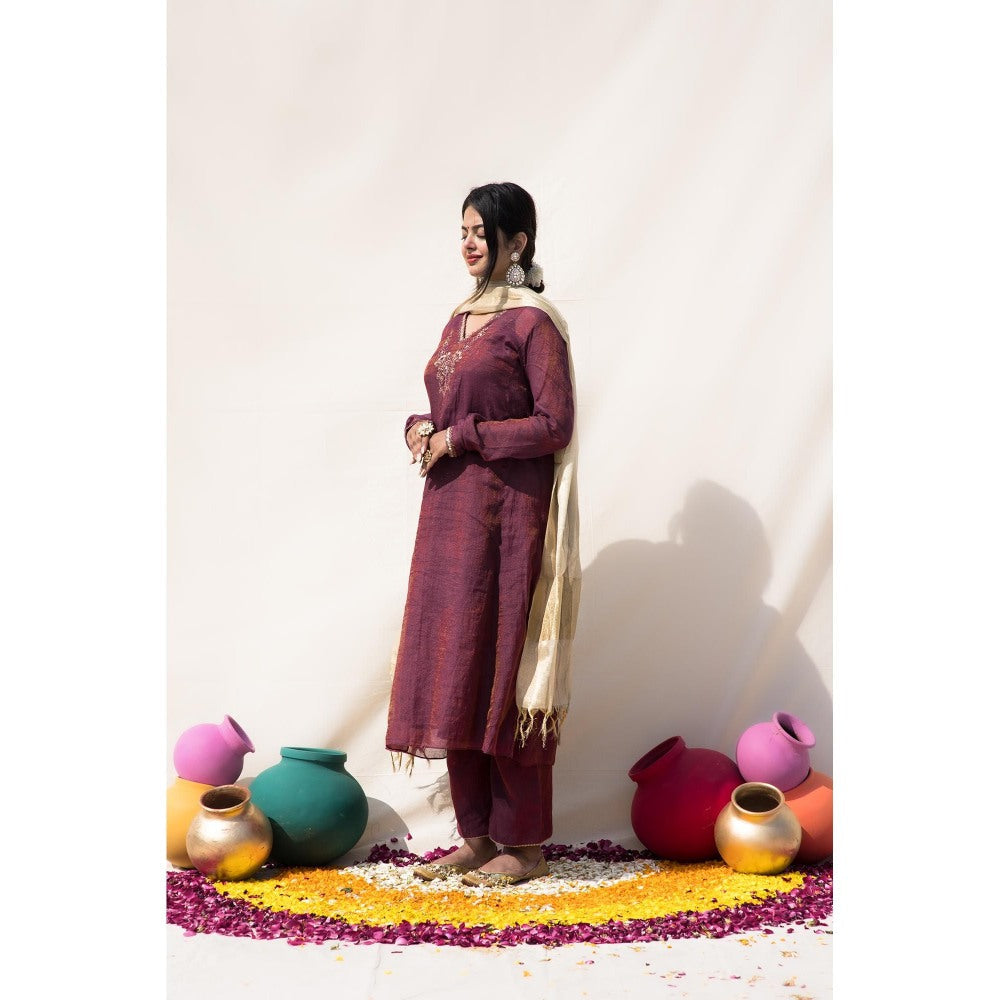 MITHI SUPARI Wine Bedina Anarkali Kurta with Pant and Dupatta (Set of 3)