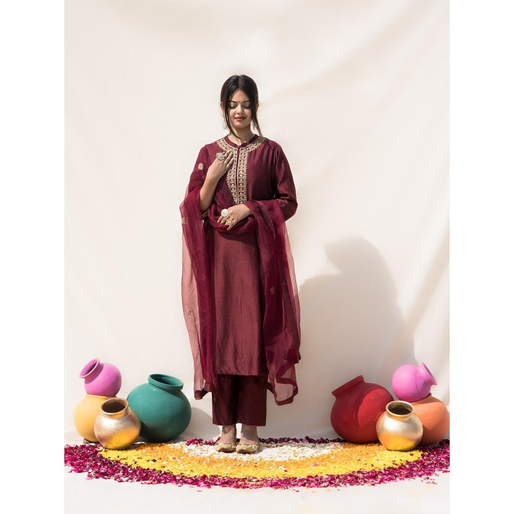MITHI SUPARI Wine Kamini Embroidered Kurta with Pant and Dupatta (Set of 3)