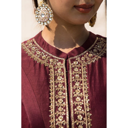 MITHI SUPARI Wine Kamini Embroidered Kurta with Pant and Dupatta (Set of 3)