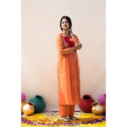 MITHI SUPARI Orange and Red Basanti Kurta with Pant (Set of 2)