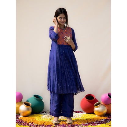 MITHI SUPARI Navy Blue Barcode Yoke Kurta with Pant (Set of 2)