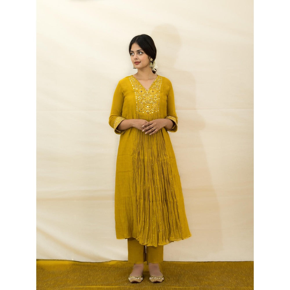 MITHI SUPARI Mustard India Embroidered and Mirror Work Anarkali Kurta with Pant (Set of 2)