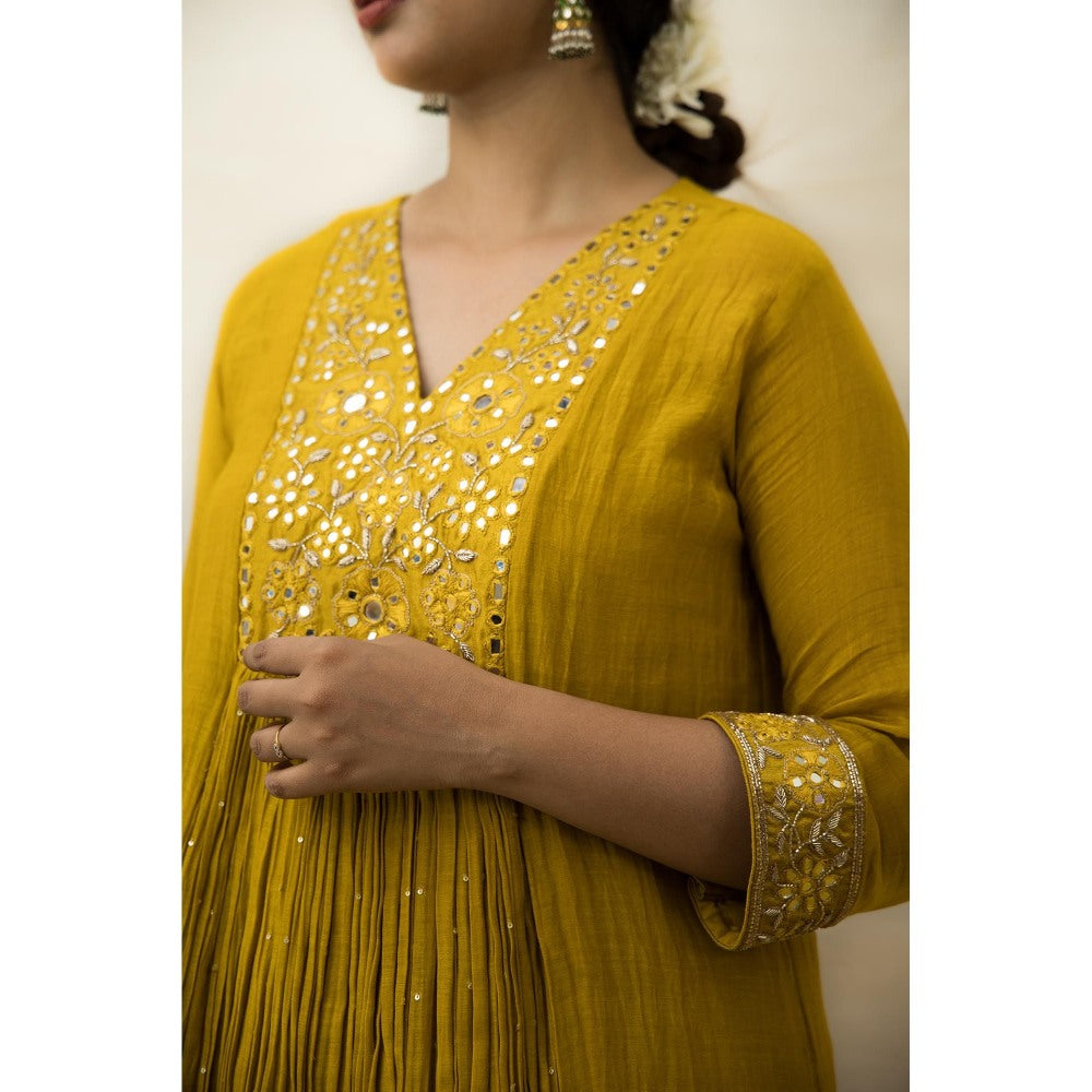 MITHI SUPARI Mustard India Embroidered and Mirror Work Anarkali Kurta with Pant (Set of 2)