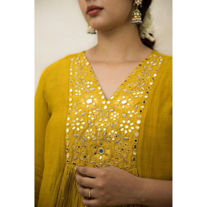 MITHI SUPARI Mustard India Embroidered and Mirror Work Anarkali Kurta with Pant (Set of 2)