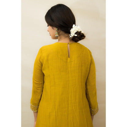 MITHI SUPARI Mustard India Embroidered and Mirror Work Anarkali Kurta with Pant (Set of 2)