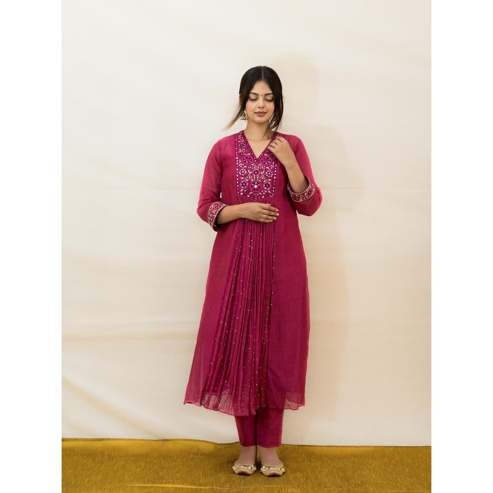 MITHI SUPARI Plum India Embroidered and Mirror Work Anarkali Kurta with Pant (Set of 2)