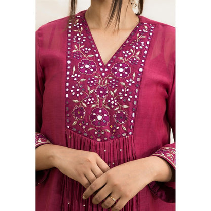 MITHI SUPARI Plum India Embroidered and Mirror Work Anarkali Kurta with Pant (Set of 2)