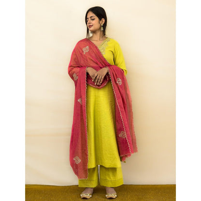 MITHI SUPARI Lime Green Keri Embroidered Kurta with Pant and Dupatta (Set of 3)