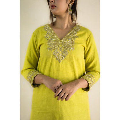 MITHI SUPARI Lime Green Keri Embroidered Kurta with Pant and Dupatta (Set of 3)