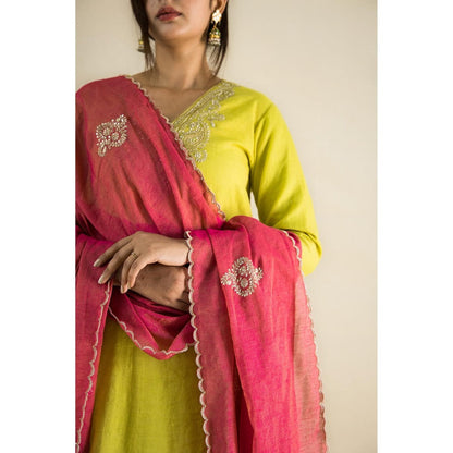 MITHI SUPARI Lime Green Keri Embroidered Kurta with Pant and Dupatta (Set of 3)
