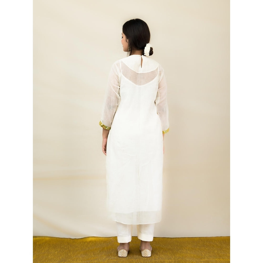 MITHI SUPARI Ivory and Lime Meer Mirror Work Anarkali Kurta with Pant (Set of 2)