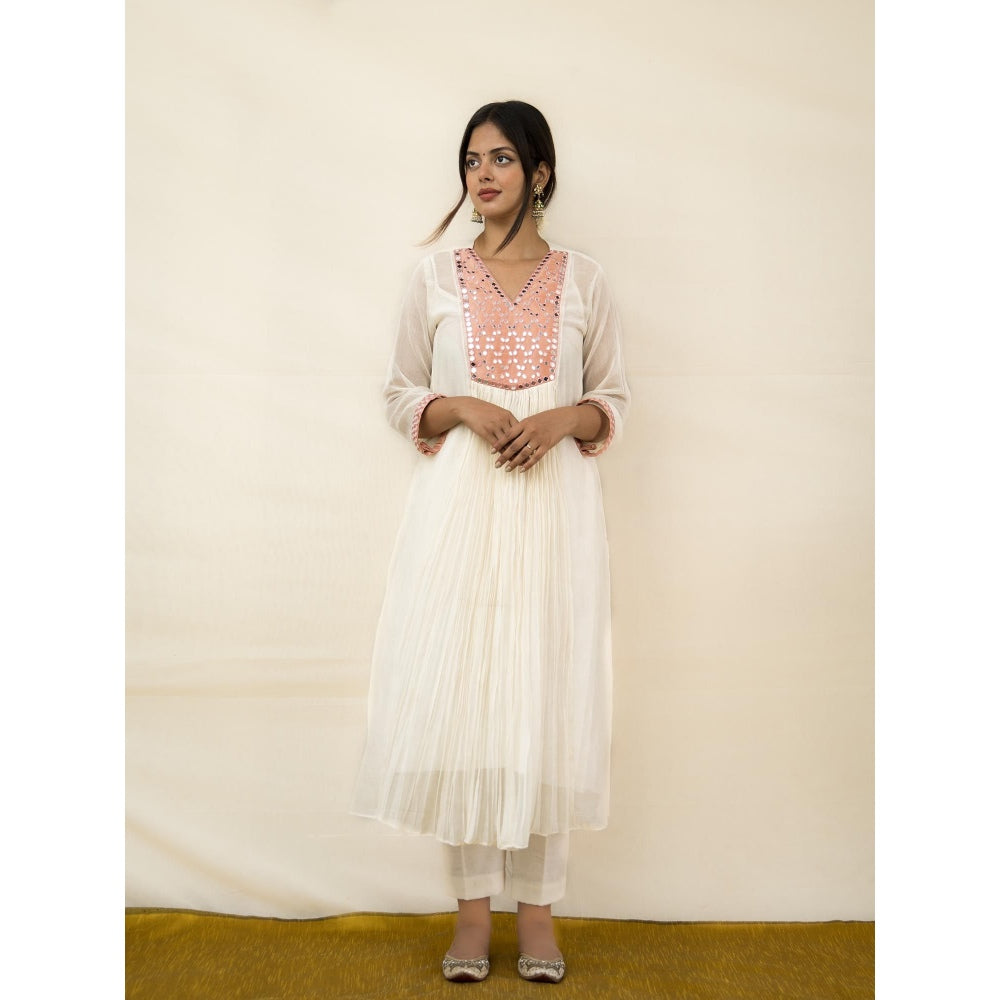 MITHI SUPARI Ivory and Peach Meer Mirror Work Anarkali Kurta with Pant (Set of 2)