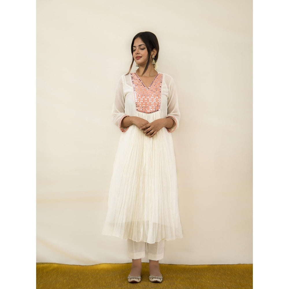 MITHI SUPARI Ivory and Peach Meer Mirror Work Anarkali Kurta with Pant (Set of 2)