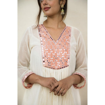MITHI SUPARI Ivory and Peach Meer Mirror Work Anarkali Kurta with Pant (Set of 2)
