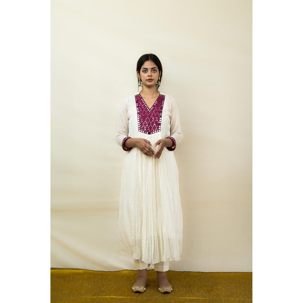 MITHI SUPARI Ivory and Wine Meer Mirror Work Anarkali Kurta with Pant (Set of 2)