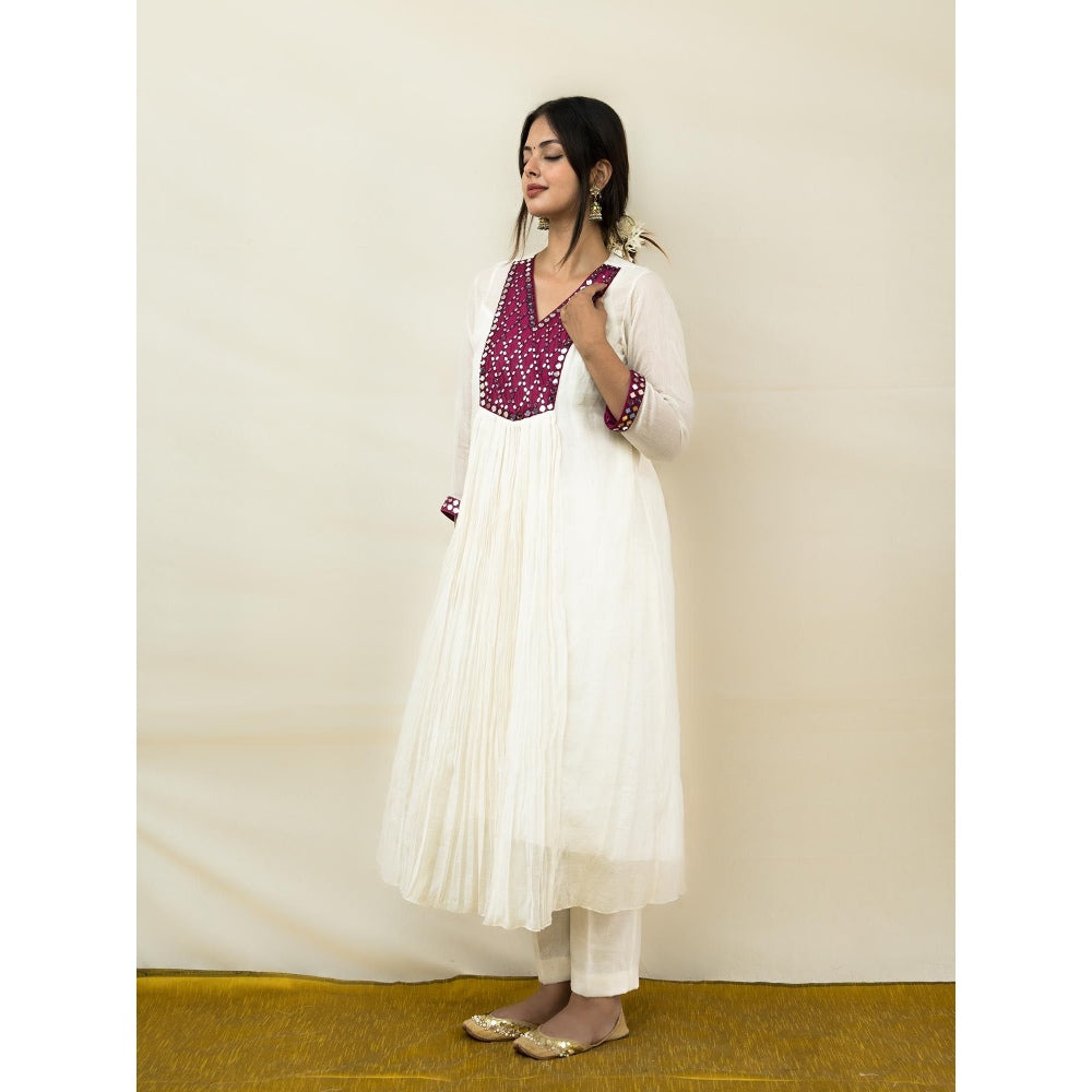 MITHI SUPARI Ivory and Wine Meer Mirror Work Anarkali Kurta with Pant (Set of 2)