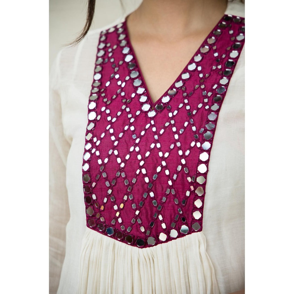 MITHI SUPARI Ivory and Wine Meer Mirror Work Anarkali Kurta with Pant (Set of 2)