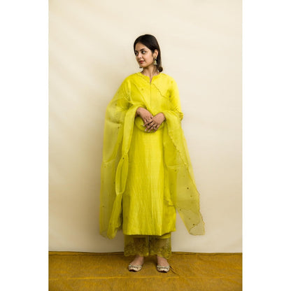 MITHI SUPARI Lime Green Kishori Kurta with Embroidered Pant and Dupatta (Set of 3)