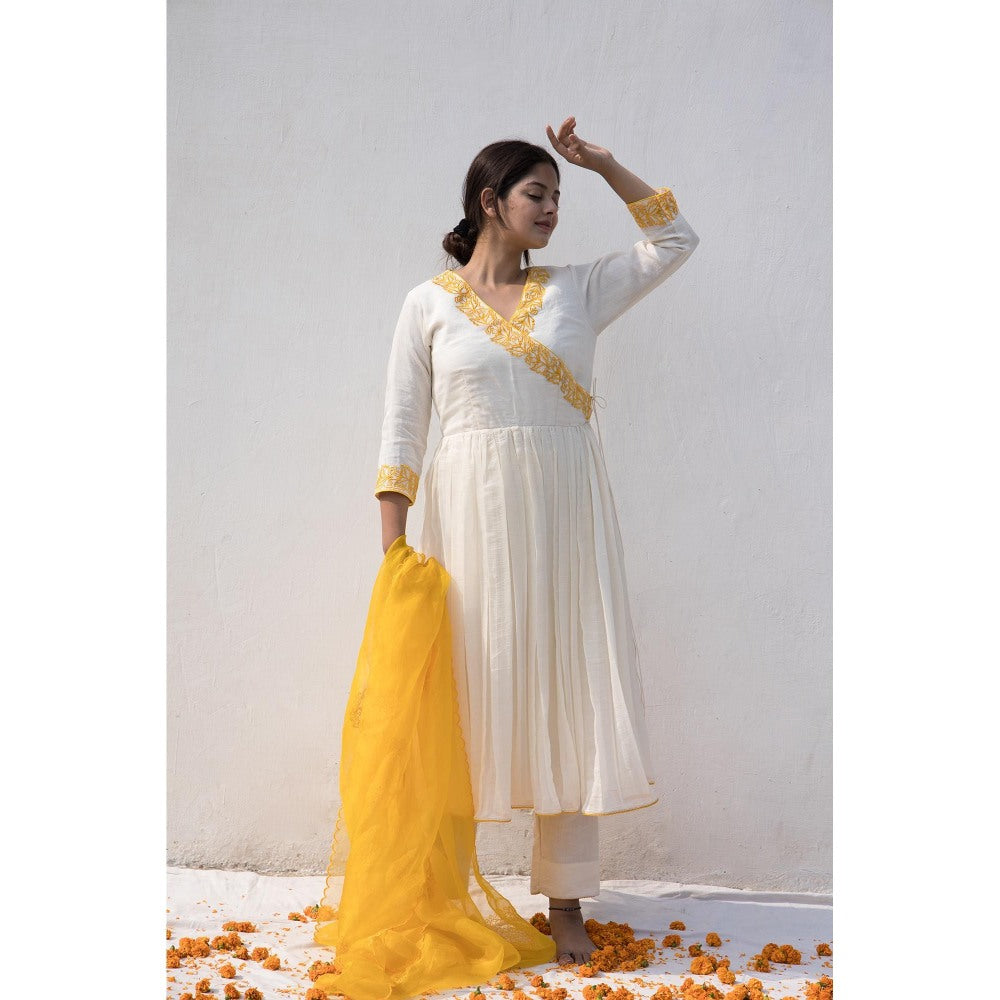 MITHI SUPARI Ivory Yellow Ruh Angarkha Kurta with Pant and Dupatta (Set of 3)