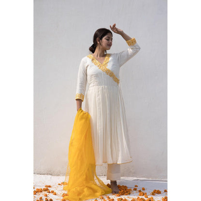 MITHI SUPARI Ivory Yellow Ruh Angarkha Kurta with Pant and Dupatta (Set of 3)