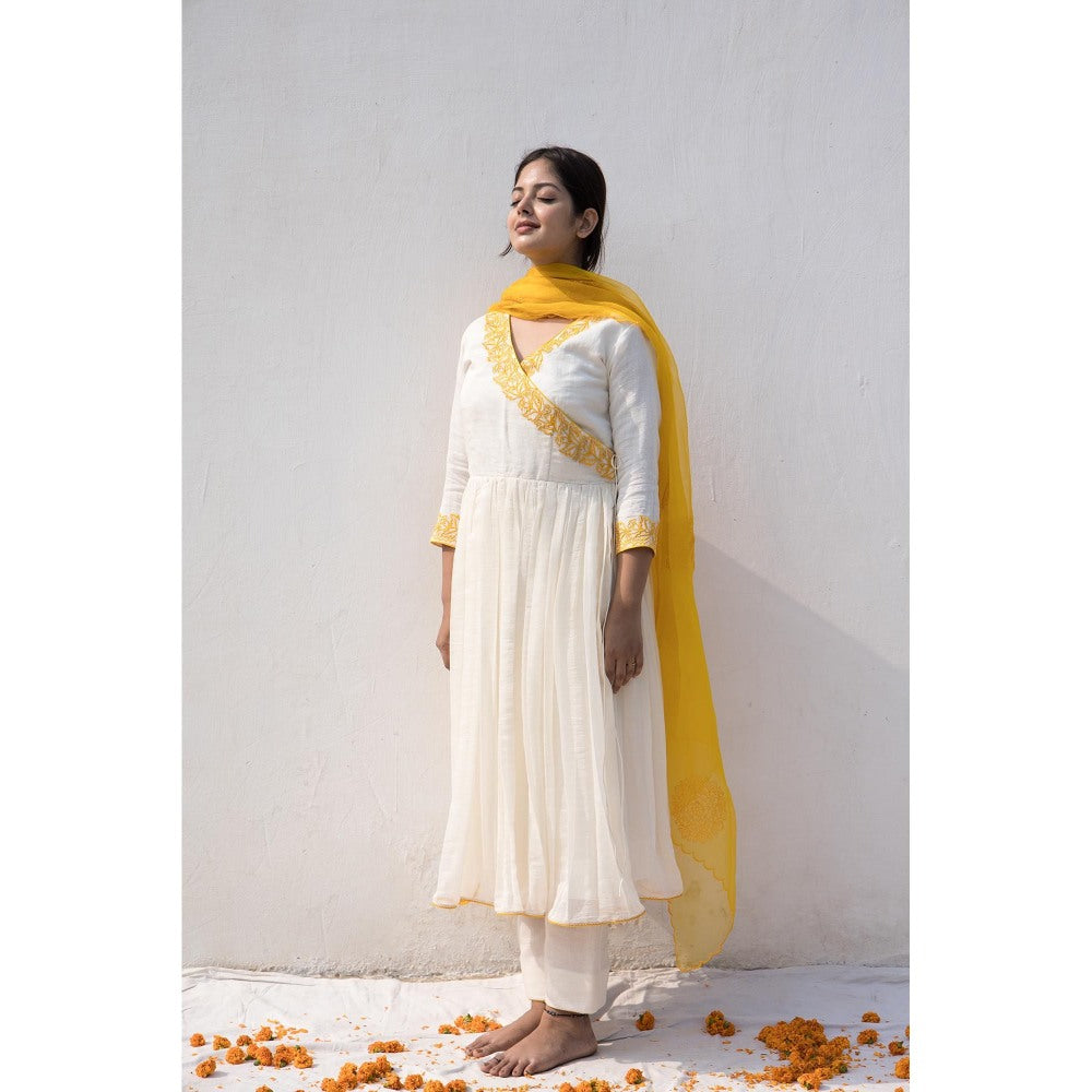 MITHI SUPARI Ivory Yellow Ruh Angarkha Kurta with Pant and Dupatta (Set of 3)