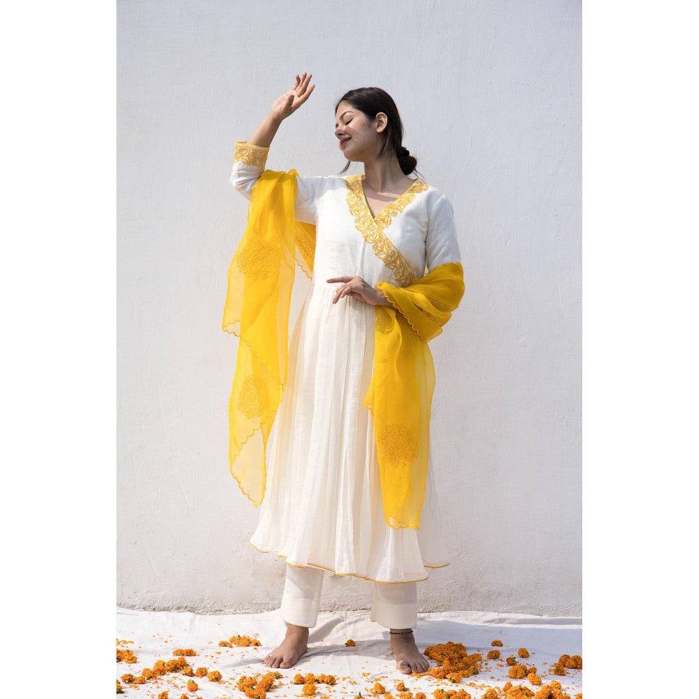 MITHI SUPARI Ivory Yellow Ruh Angarkha Kurta with Pant and Dupatta (Set of 3)