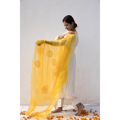 MITHI SUPARI Ivory Yellow Ruh Angarkha Kurta with Pant and Dupatta (Set of 3)