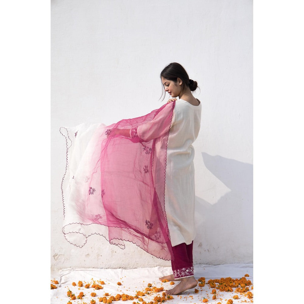 MITHI SUPARI Ivory Wine Ama Floral Embroidered Kurta with Pant and Dupatta (Set of 3)