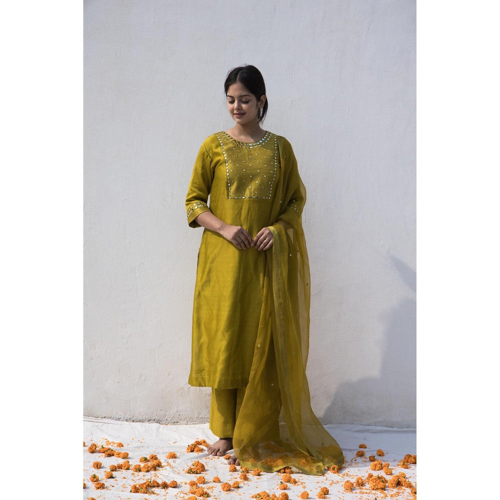 MITHI SUPARI Olive Nisa Mirror Work Kurta with Pant and Dupatta (Set of 3)