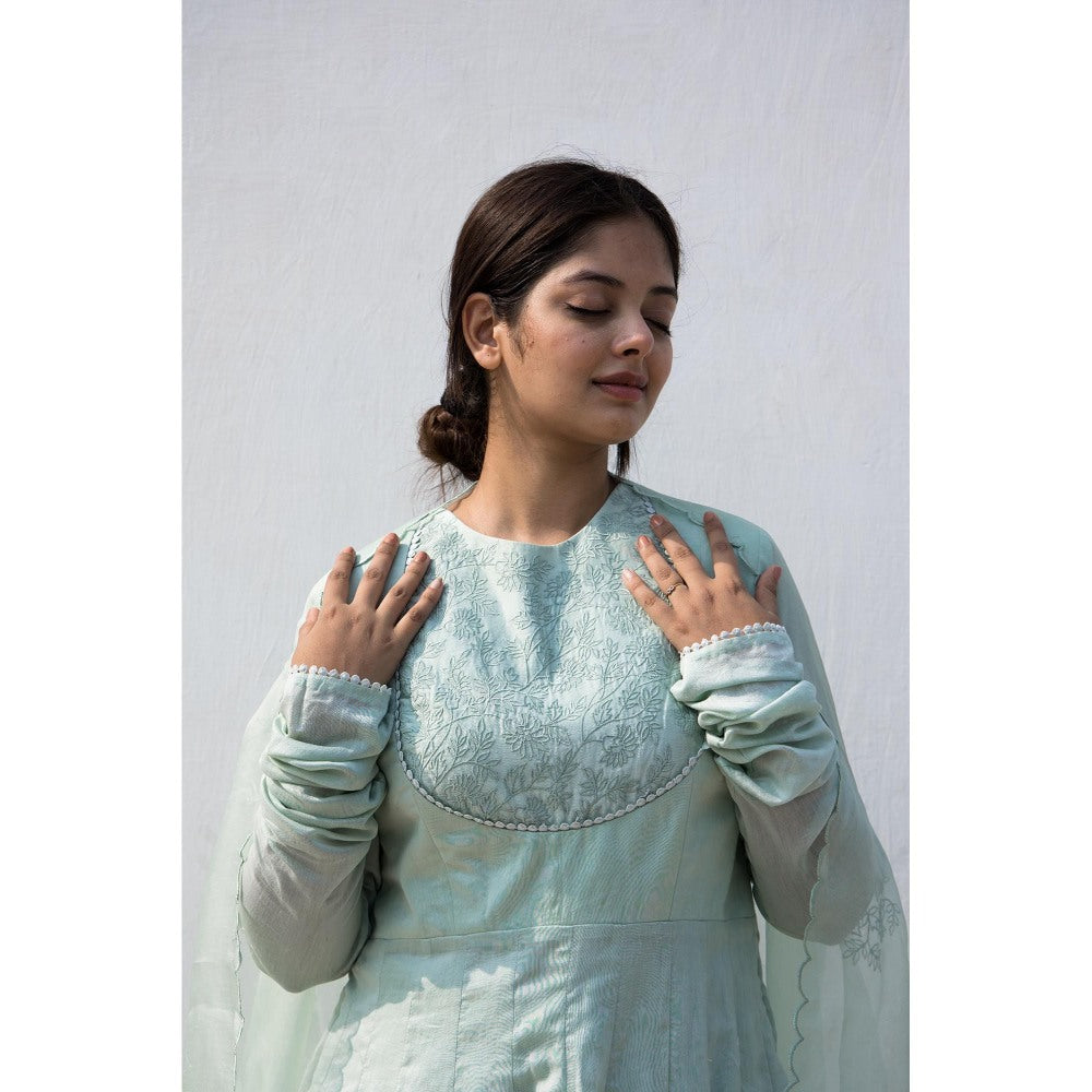 MITHI SUPARI Mint Green Bela Anarkali Kurta with Pant and Dupatta (Set of 3)