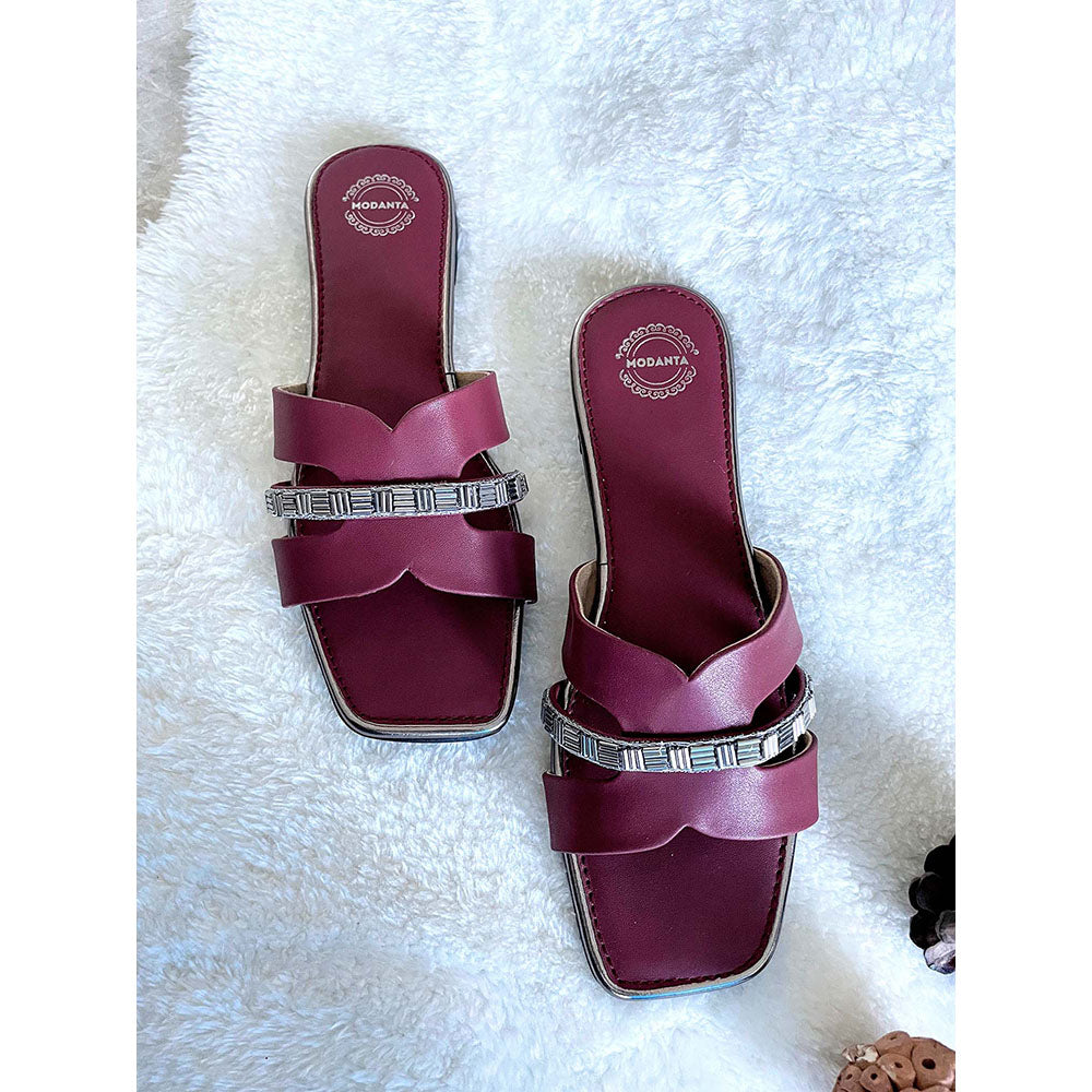 Modanta Maroon Embellished Flats