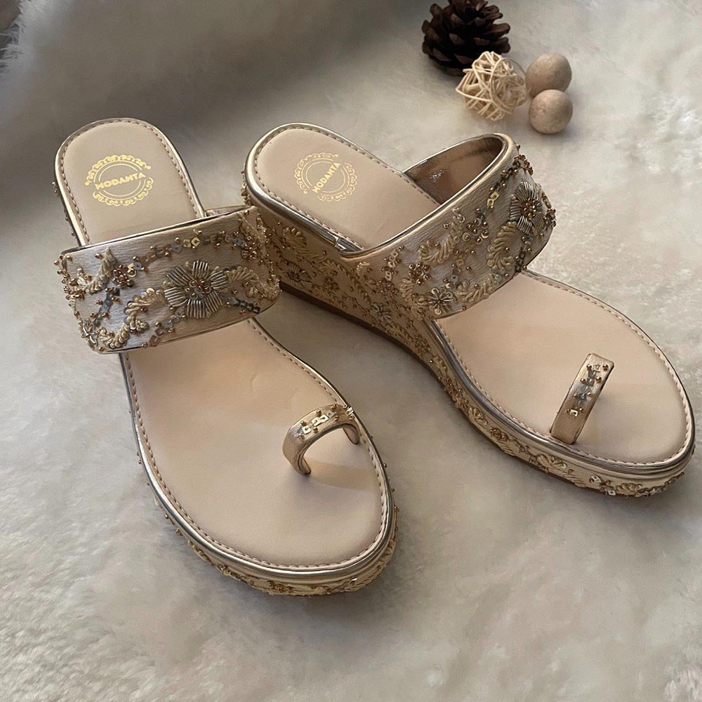 Modanta Satin Gold Embroidered Wedges