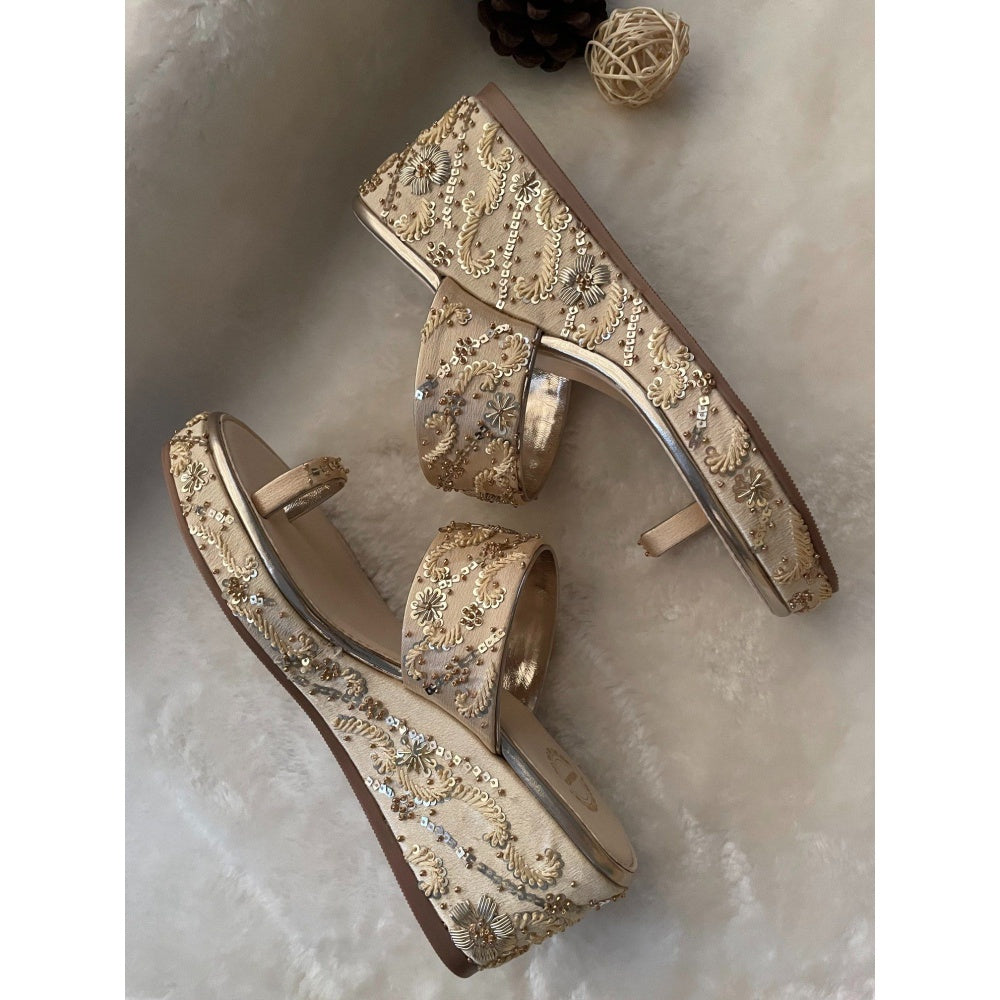Modanta Satin Gold Embroidered Wedges