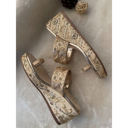 Modanta Satin Gold Embroidered Wedges