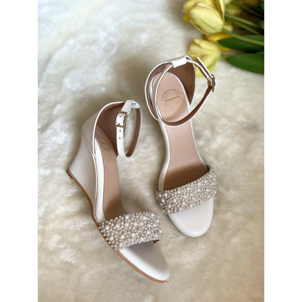 Modanta Pearl Strap White Wedges