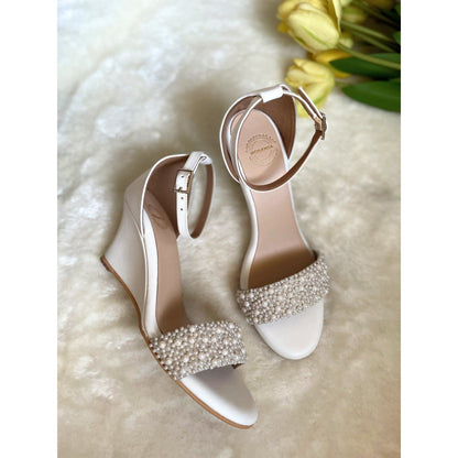 Modanta Pearl Strap White Wedges