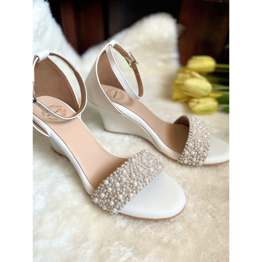 Modanta Pearl Strap White Wedges