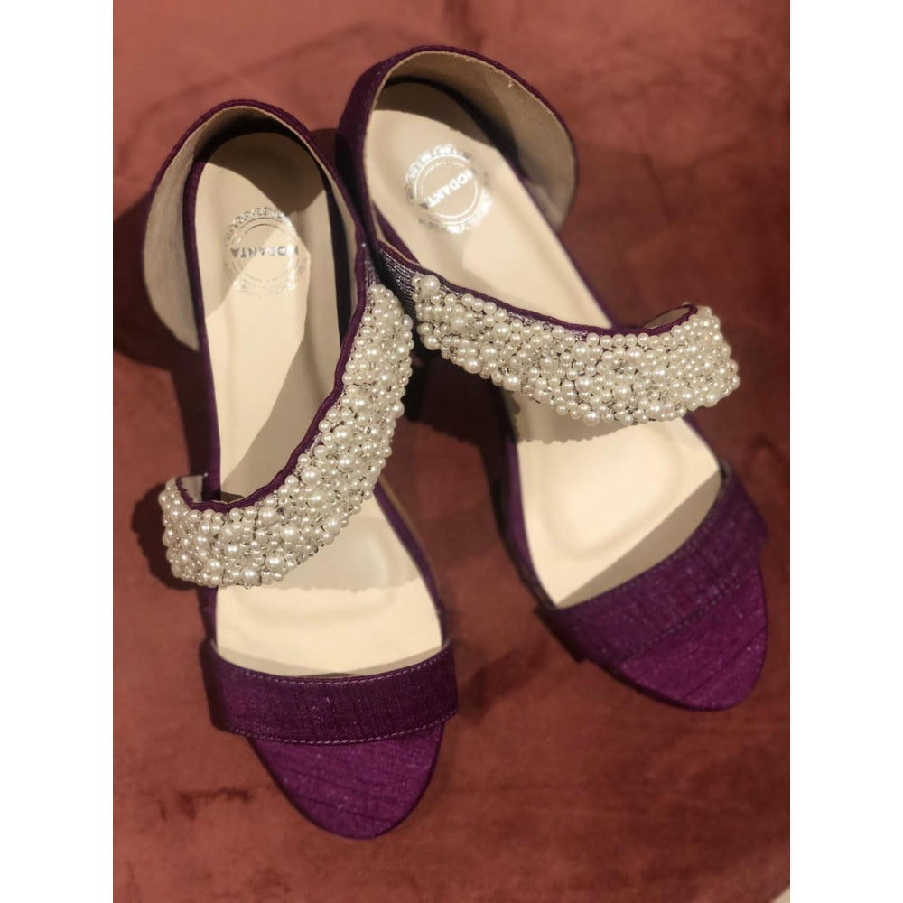 Modanta Purple Cross Strap Pearl Heels