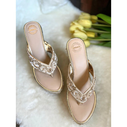 Modanta Satin Gold Embroidered High Wedges