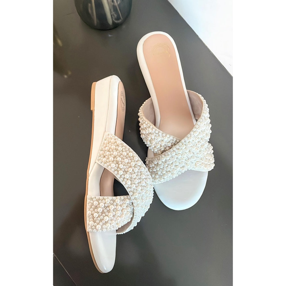 Modanta Cross Strap Pearl White Wedges