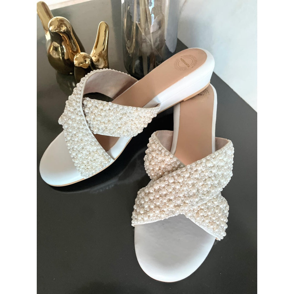 Modanta Cross Strap Pearl White Wedges