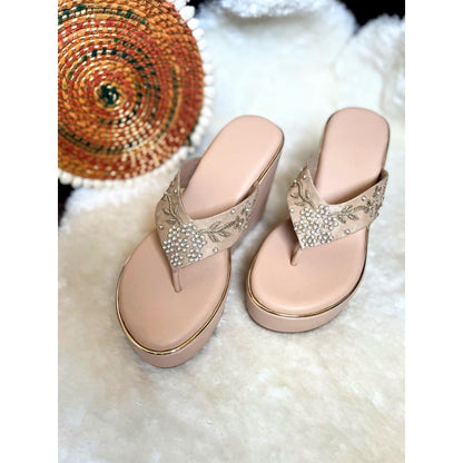 Modanta Floral V-Strap Nude Wedges