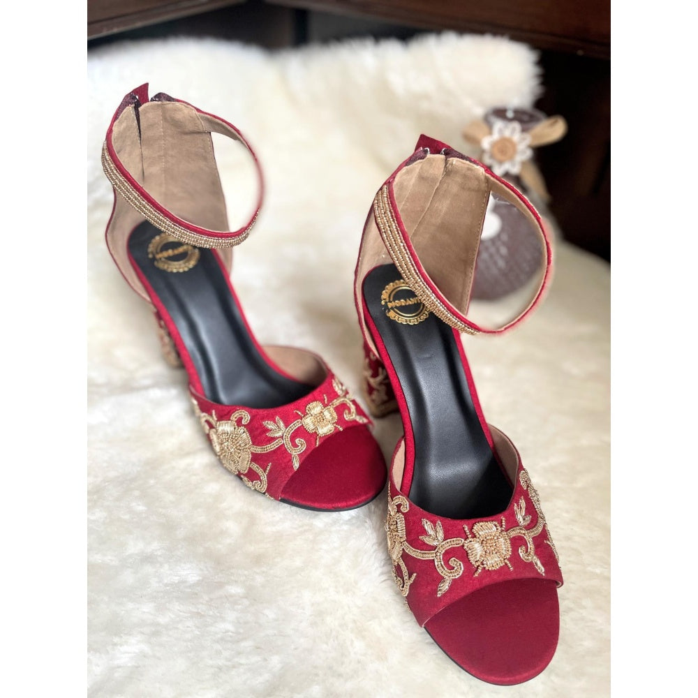 Modanta Red Embroidered Heels