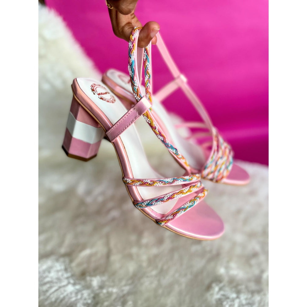 Modanta Pink Multi Lace Block Heels