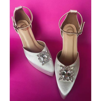 Modanta White Satin Buckle Heels