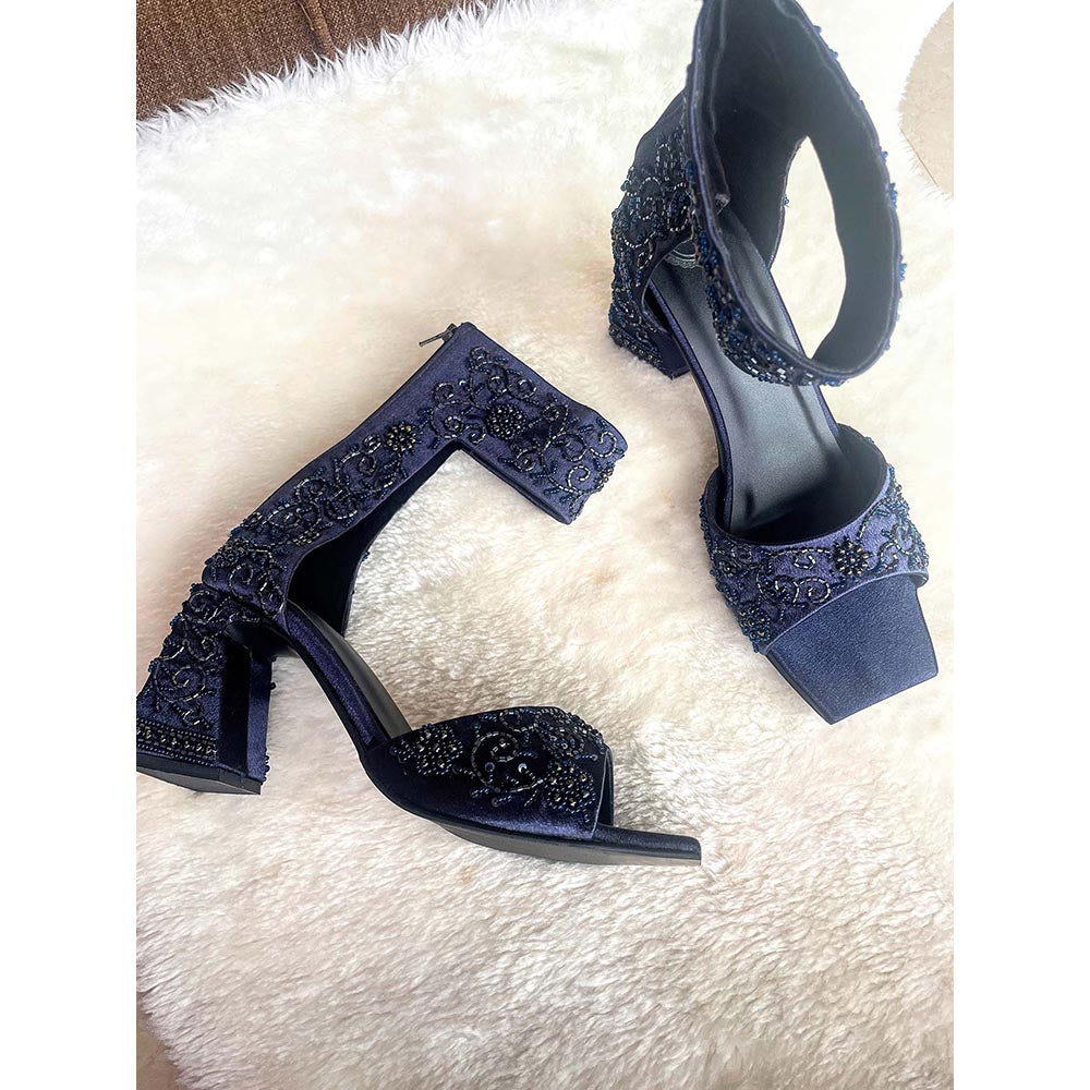Modanta Navy Blue Embroidered Heels