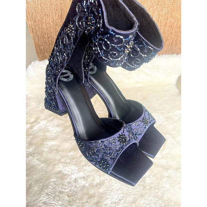 Modanta Navy Blue Embroidered Heels