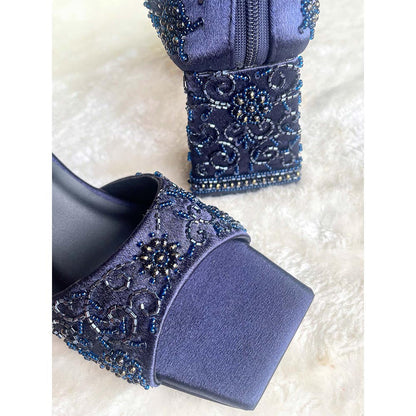 Modanta Navy Blue Embroidered Heels