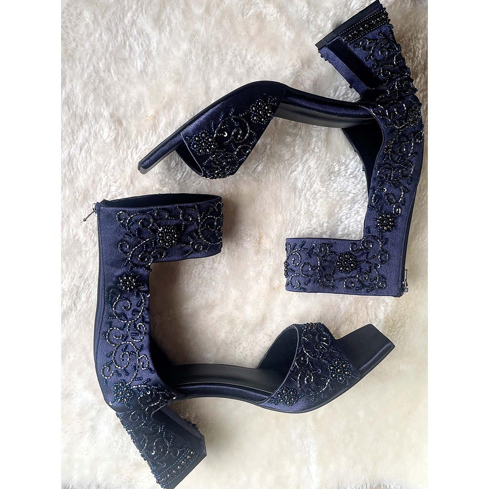 Modanta Navy Blue Embroidered Heels